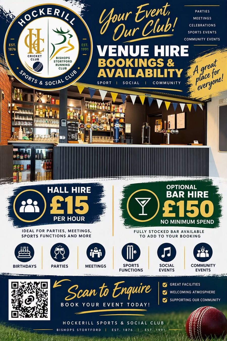 Hockerill Sports & Social Club venue hire poster: hall hire £15 per hour, optional bar hire £150
