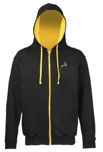 Black club hoodie with gold lining and embroidered logo