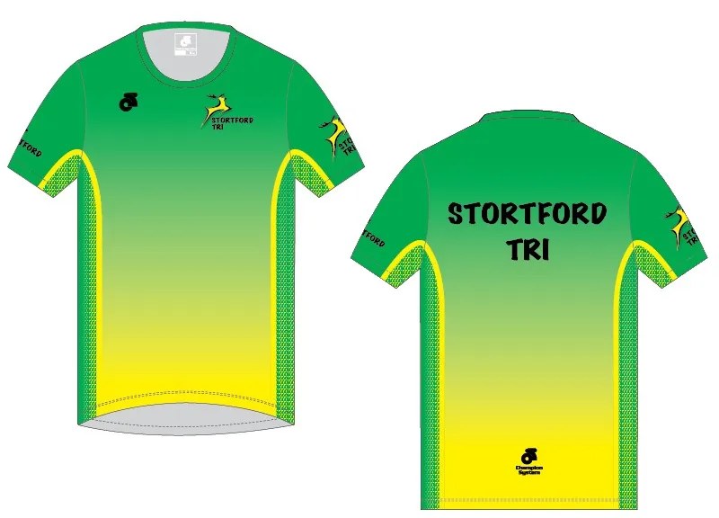 Stortford Tri short-sleeved performance top in green and gold, front and back